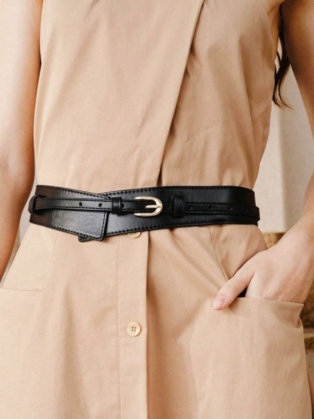 Black Double Strap Belt with Gold Buckle